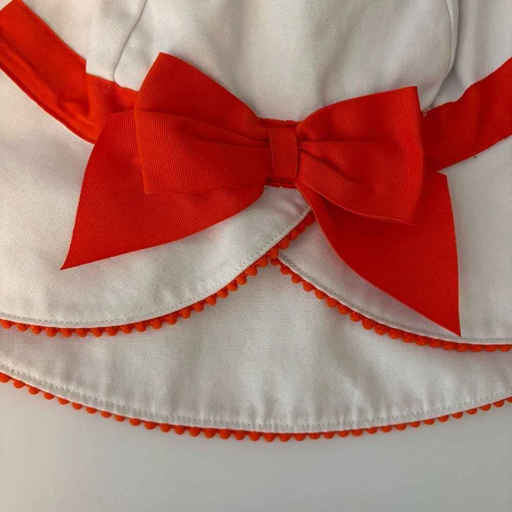 Janie and Jack white sunhat with orange bow and pom trim size 6-8